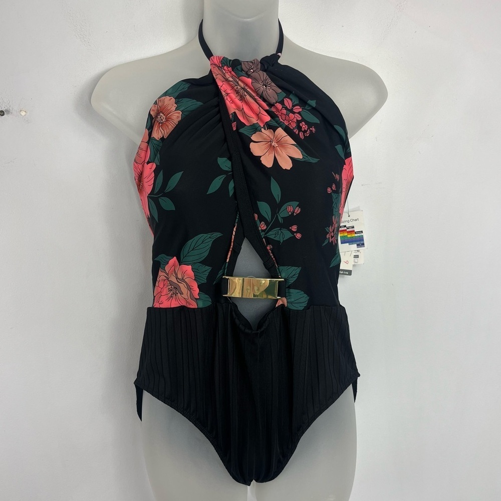Time and Tru NEW Size Large Cross Front High Neck One Piece Black Floral Swim SB